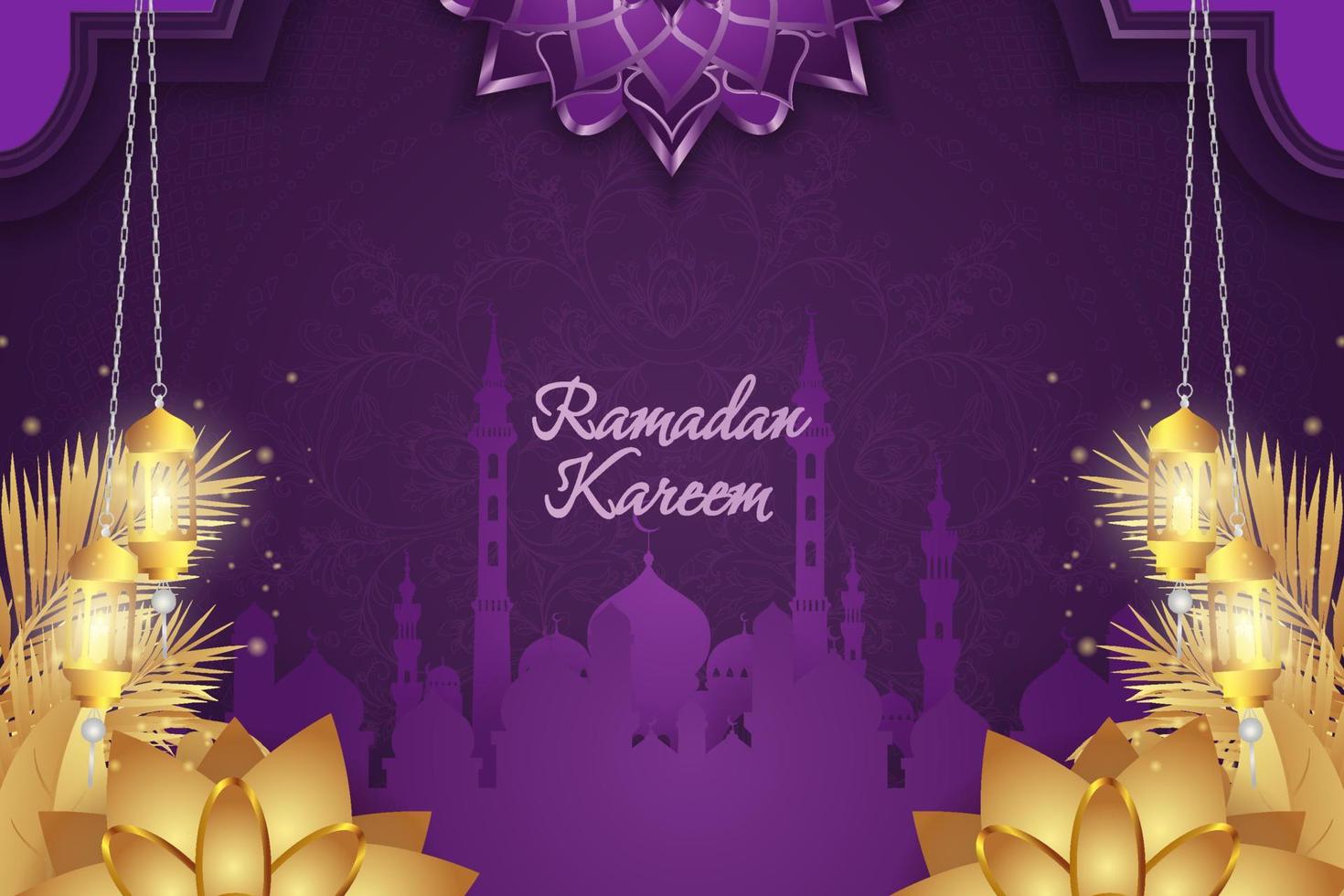 fundo ramadan kareem islâmico roxo e luxo dourado com mandala e mesquita vetor