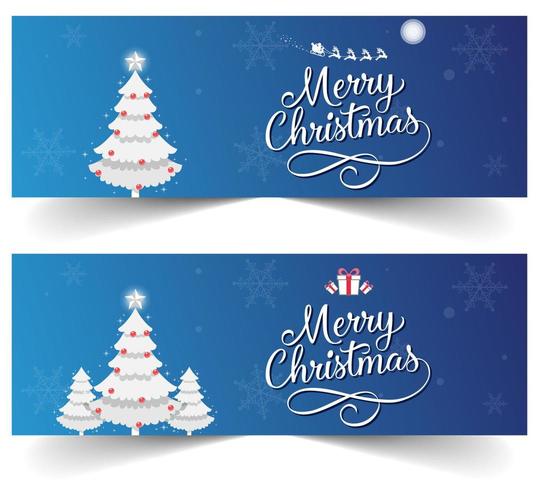 Banner de Natal azul com flocos de neve, presentes e trenó do Papai Noel vetor