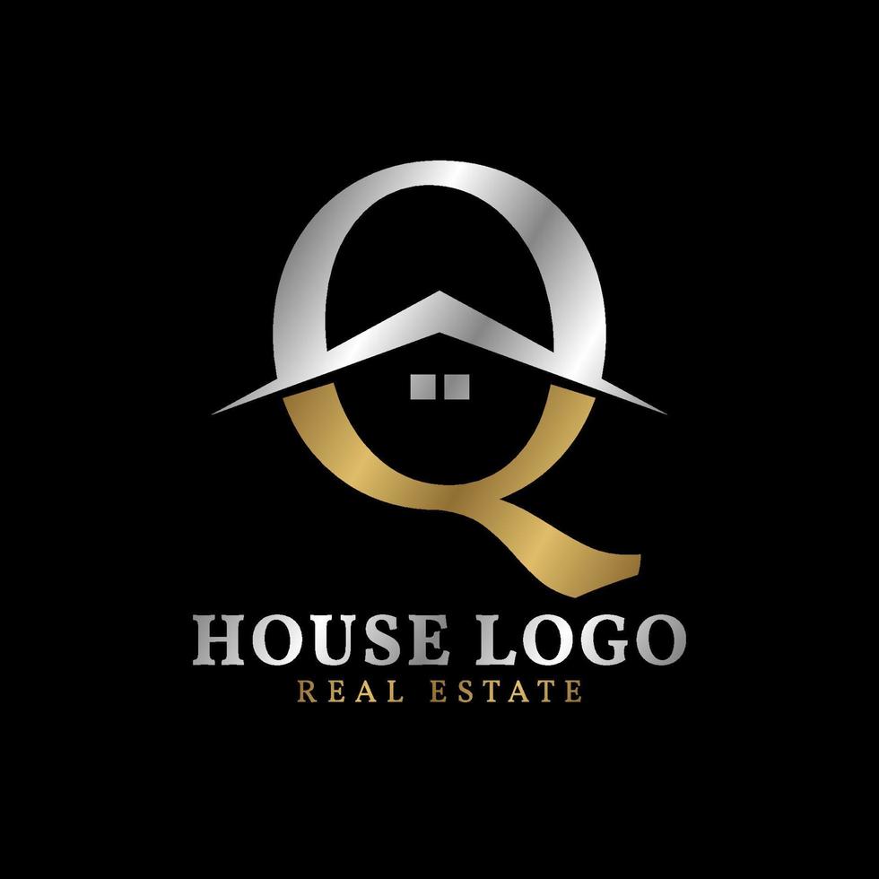 letra q com design de logotipo de vetor imobiliário luxuoso de telhado e janela