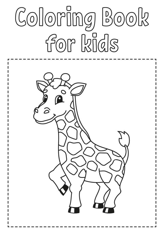 livro de colorir para crianças. animal girafa. personagem alegre. ilustração vetorial. estilo coon bonito. página de fantasia para crianças. silhueta de contorno preto. isolado no fundo branco. vetor