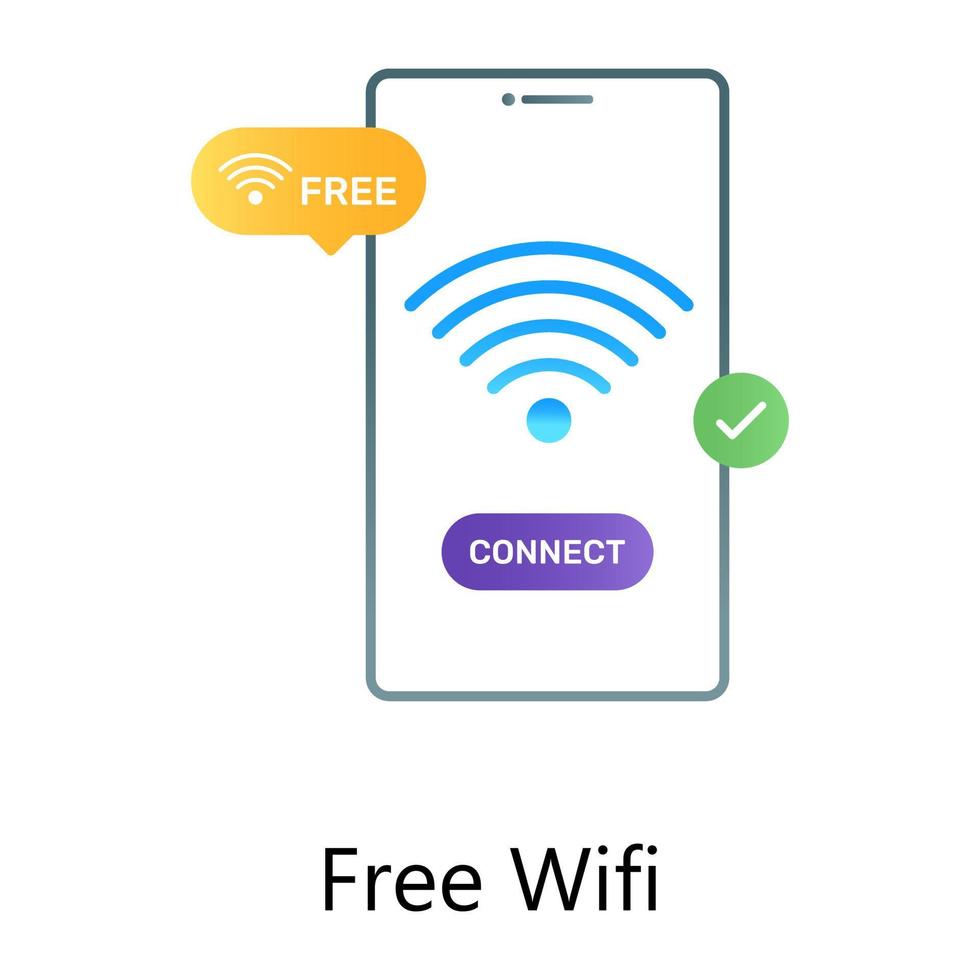 ícone de conceito de gradiente plano wifi grátis, celular mostrando sinais wifi vetor