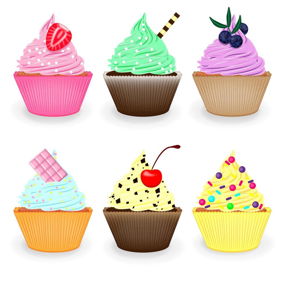 conjunto de cupcakes, muffin, realista com diferentes sabores, isolado no fundo branco, deliciosa sobremesa decorada com cerejas, mirtilos, cerejas, granulado, creme, túbulo, ilustração vetorial. vetor