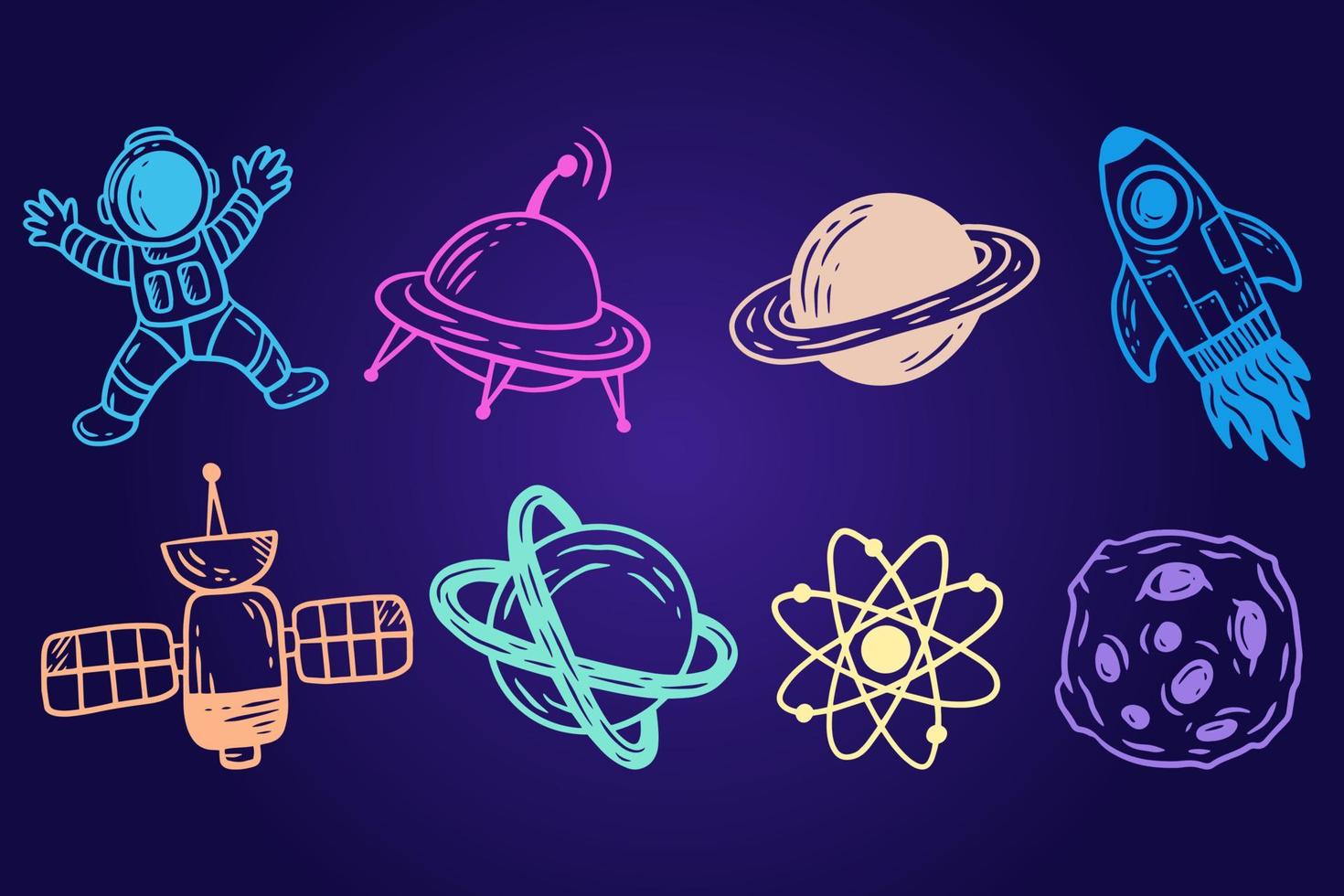 conjunto coleção espaço planetário galáxia planetas desenhos animados astronauta mão desenhada doodle colorido arte plana vetor