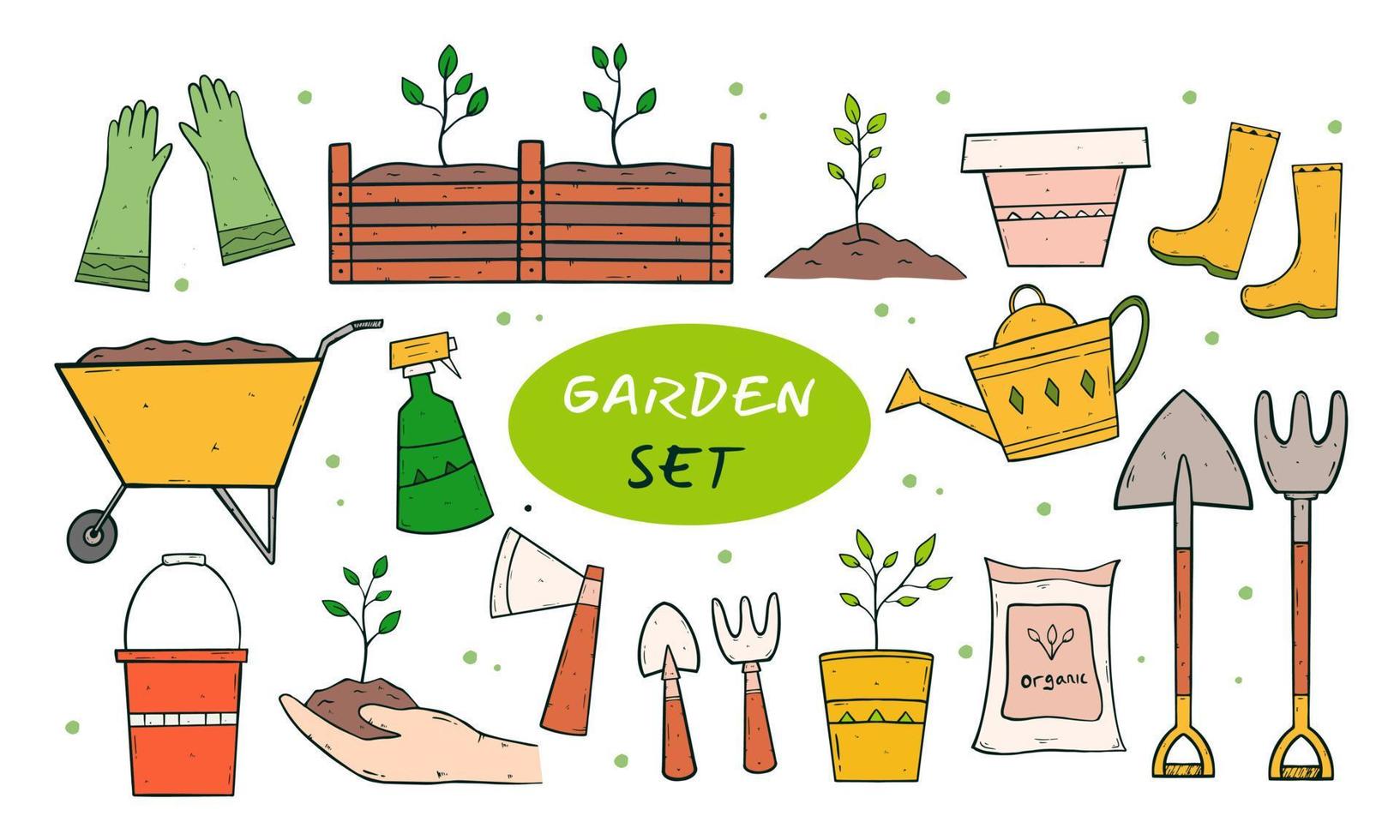 conjunto de jardim temático. ilustração vetorial gráfico com mão desenhada doodle isolado sobre o tema do jardim, ferramentas de jardim. esboços para uso em design vetor