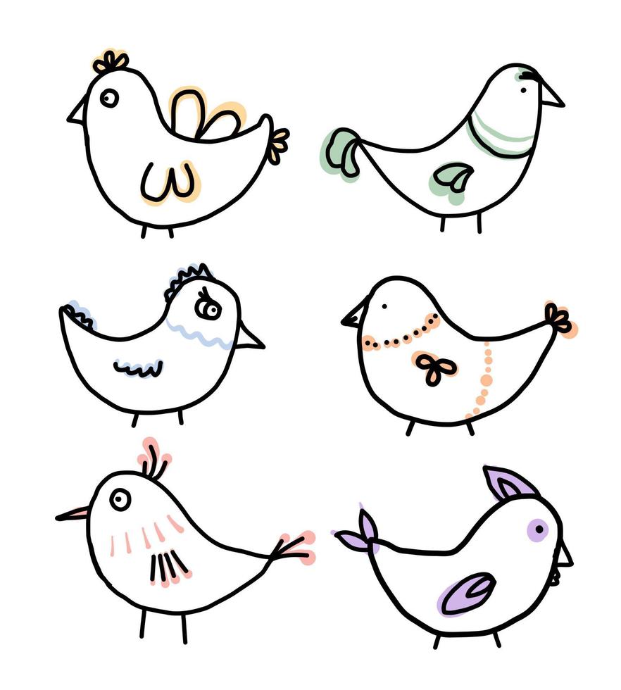 conjunto de pássaros em estilo doodle. desenho gráfico de pássaros. ilustração vetorial. vetor
