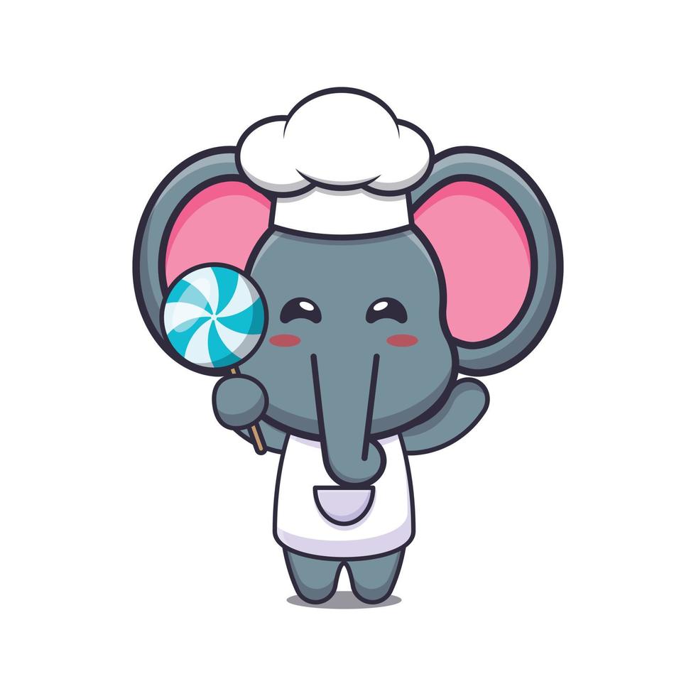 personagem de desenho animado de mascote de chef elefante fofo segurando doces vetor