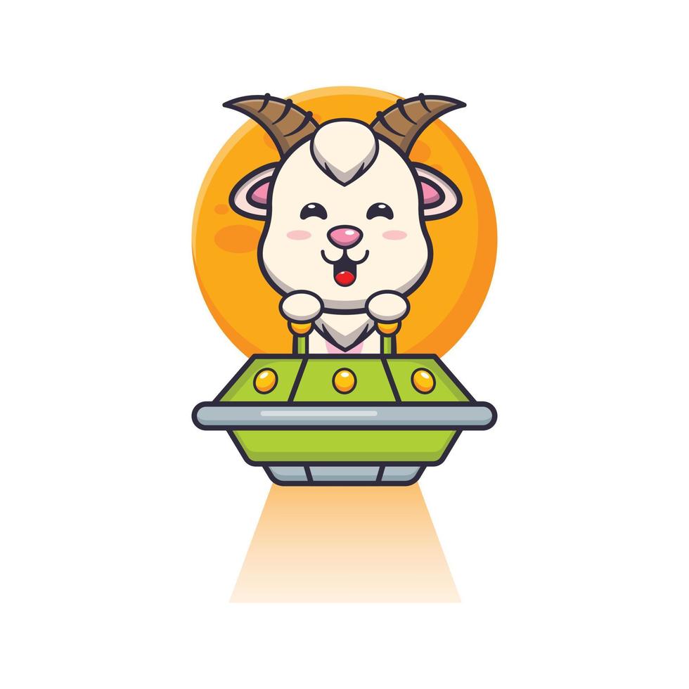 personagem de desenho animado de mascote de cabra bonito voar com ufo vetor