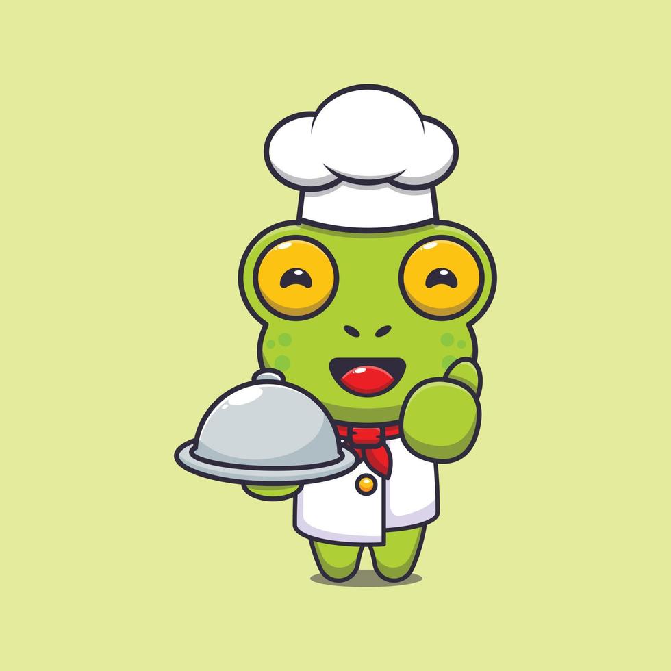 personagem de desenho animado de mascote de chef de sapo fofo com prato vetor
