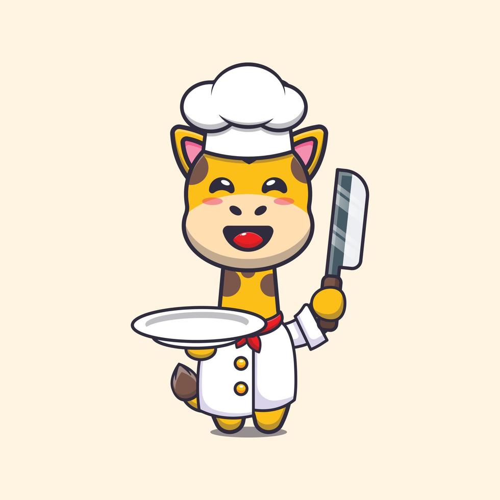 personagem de desenho animado de mascote de chef girafa bonito com faca e prato vetor