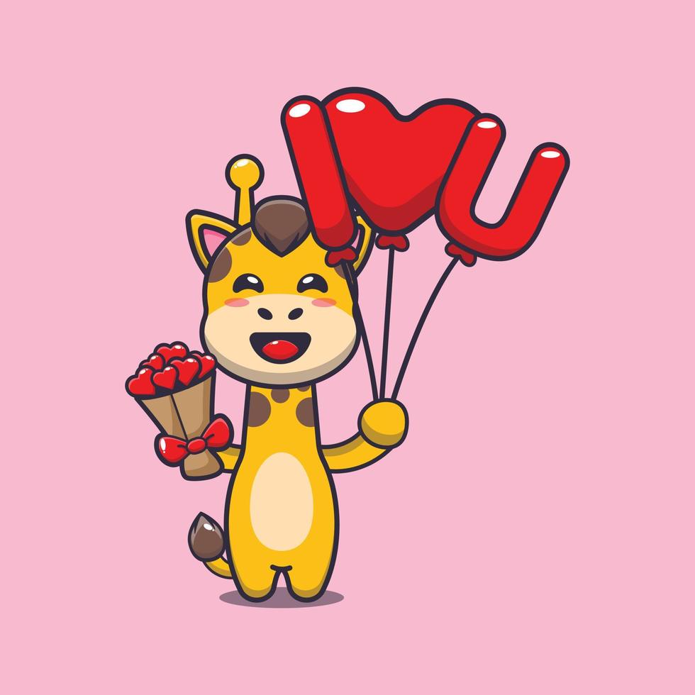 personagem de desenho animado girafa fofa segurando balão de amor e flores de amor vetor