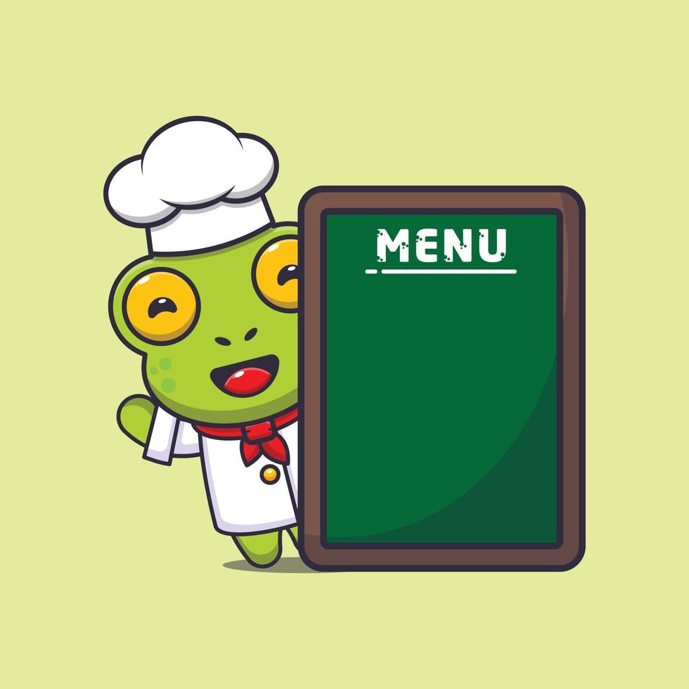 personagem de desenho animado de mascote de chef de sapo fofo com placa de menu vetor