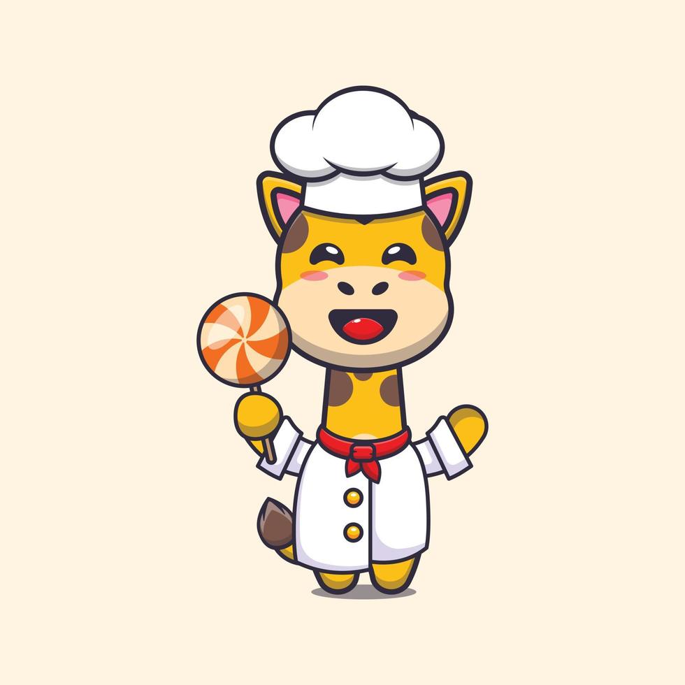 personagem de desenho animado de mascote de chef girafa bonito segurando doces vetor