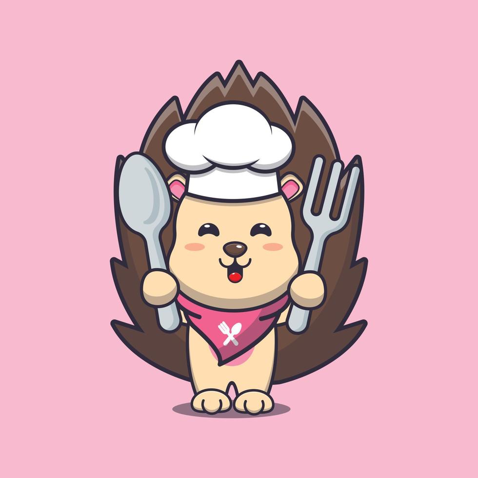 personagem de desenho animado de mascote de chef ouriço fofo segurando a colher e o garfo vetor