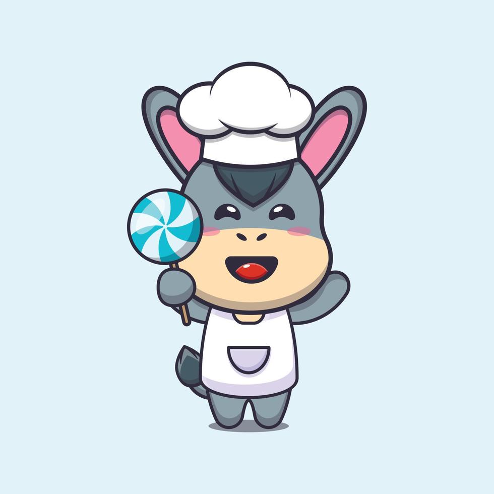 personagem de desenho animado de mascote de chef burro bonito segurando doces vetor