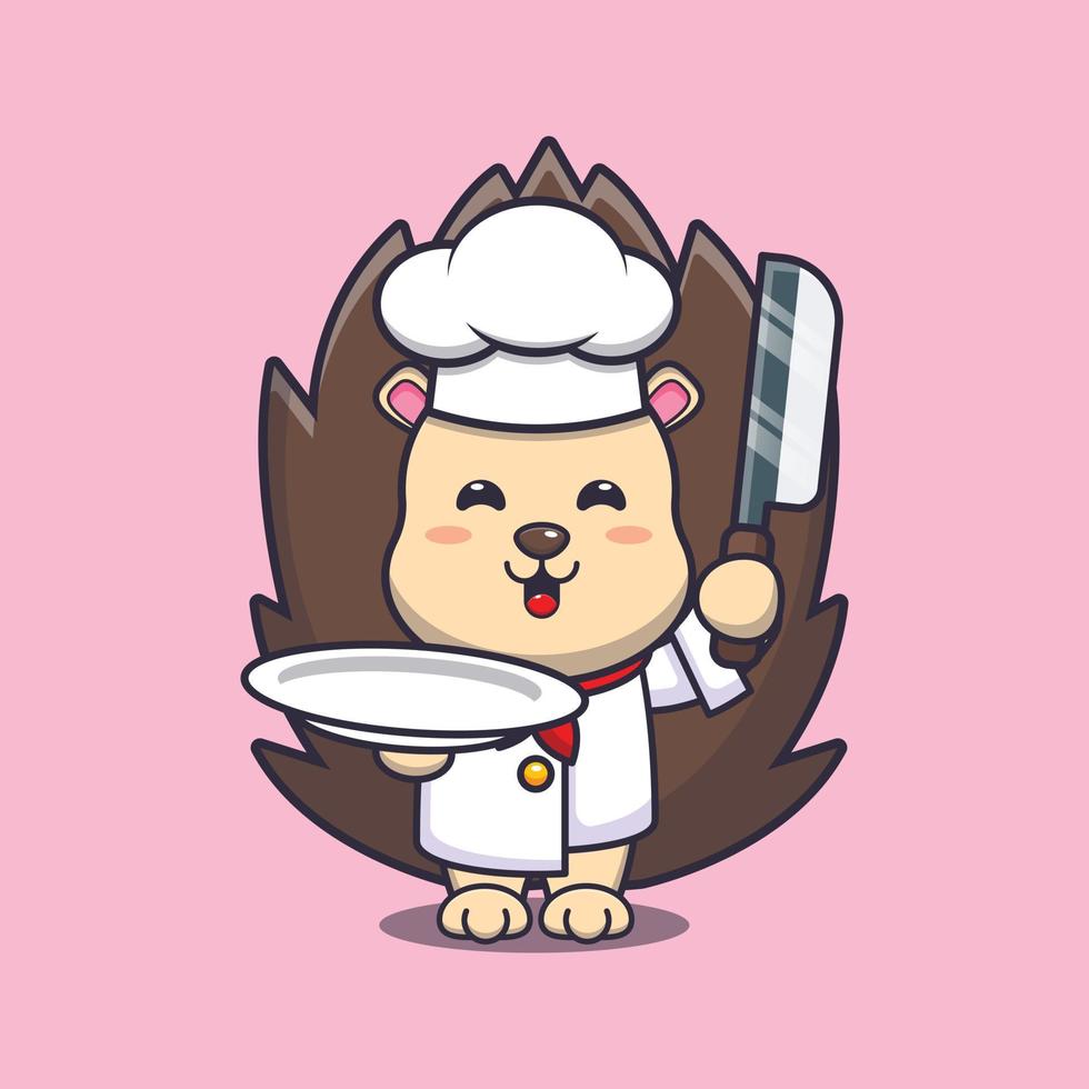 personagem de desenho animado de mascote chef ouriço fofo com faca e prato vetor