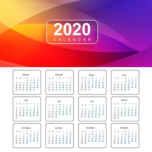 Projeto de calendário colorido ano novo 2020 vetor
