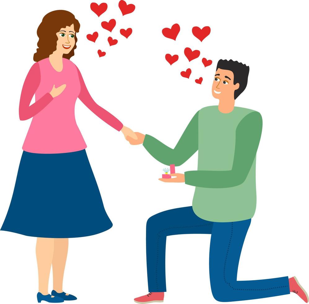 uma oferta de casamento. homem propõe uma mulher para casar com ele e dá um anel de noivado. Casal apaixonado. ilustração vetorial em estilo cartoon vetor