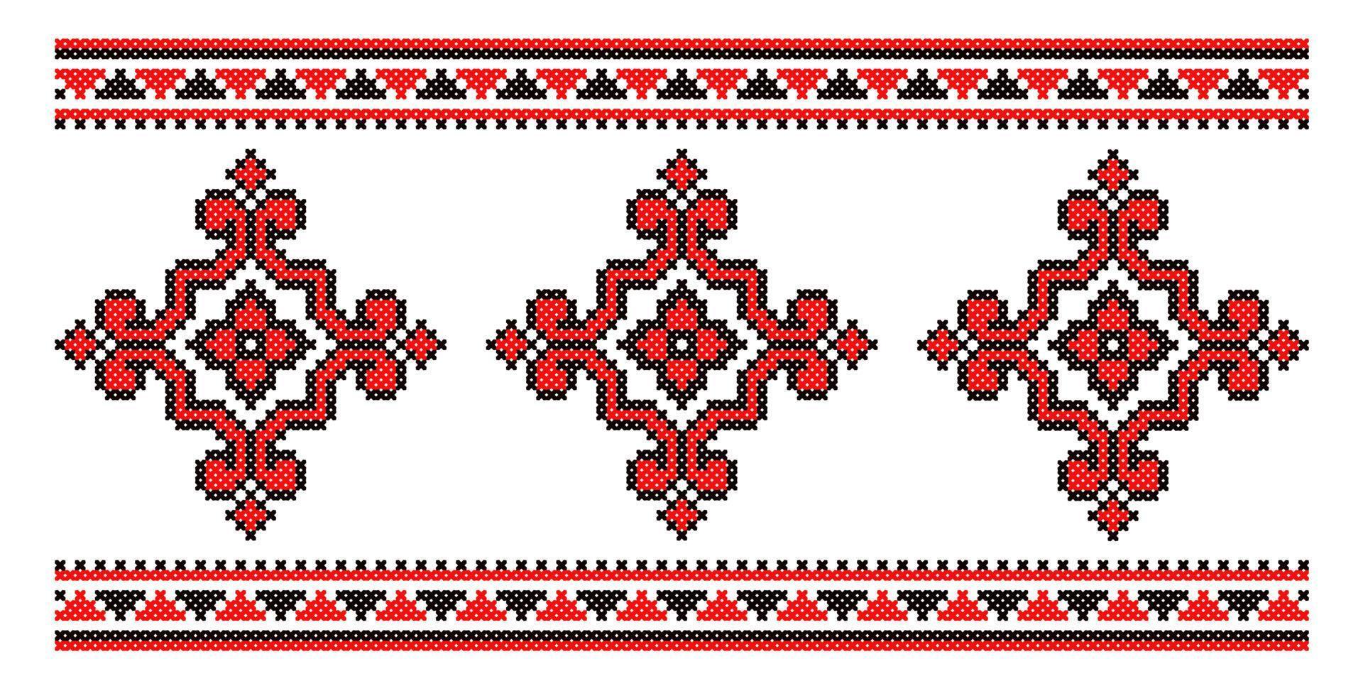 esquema de ornamento de vetor de ponto cruz ucraniano. ilustração em preto e vermelho
