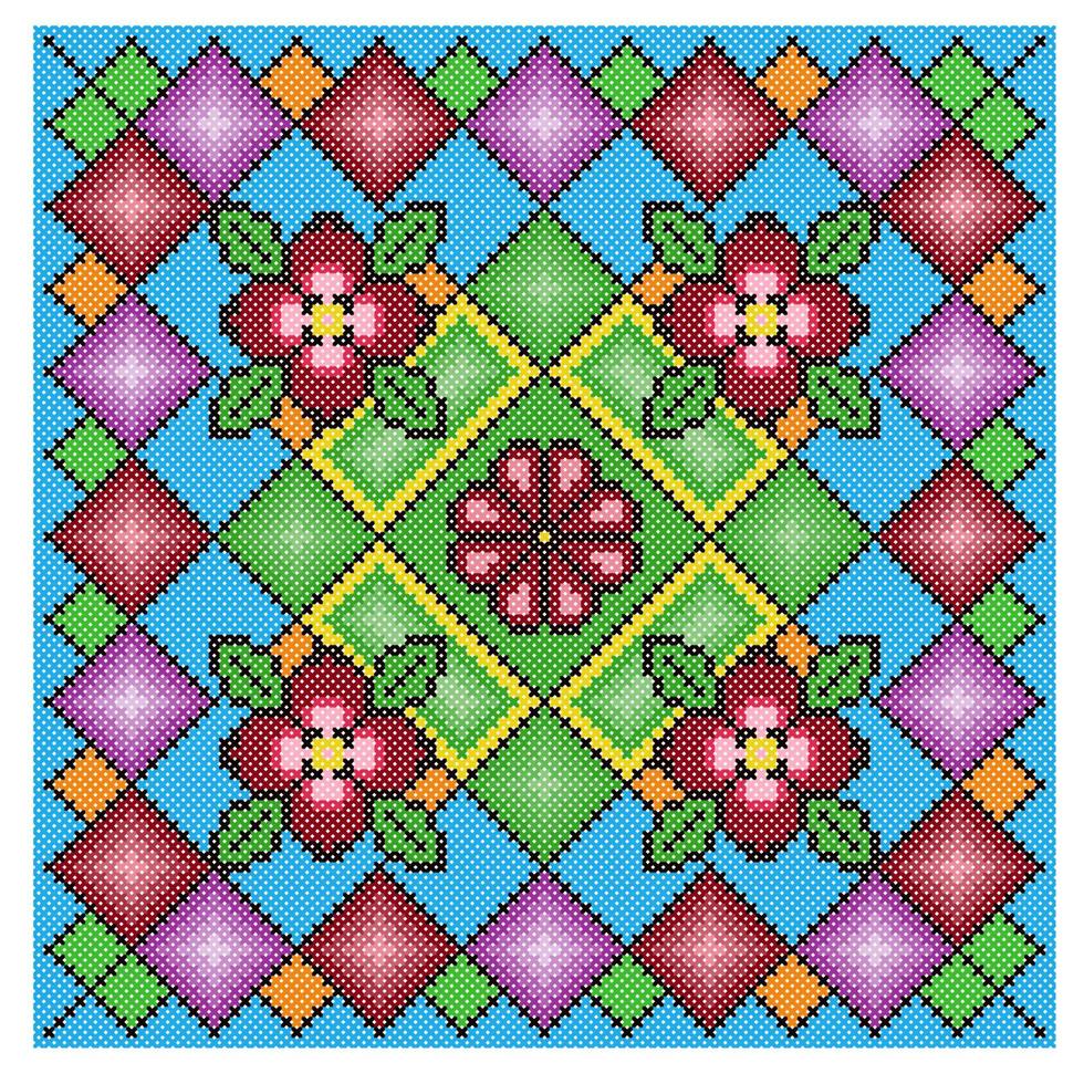 esquema quadrado brilhante de ponto de cruz colorido. flores, folhas, ornamento geométrico em estilo ucraniano. ilustração vetorial vetor