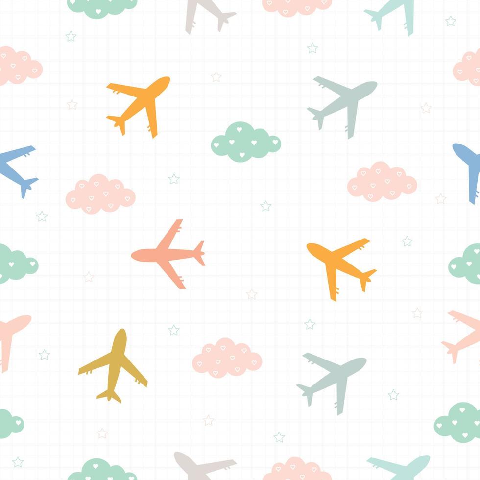 padrão sem costura o plano de fundo do avião e as nuvens e tem a forma de uma grade quadrada idéias de design moderno adequadas para têxteis, roupas infantis, vetor de ilustração de papel de embrulho.