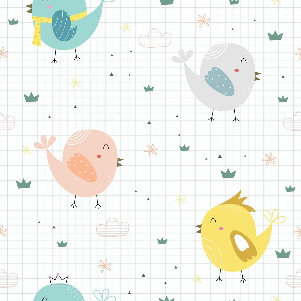bonito padrão sem costura para fundo de desenho animado infantil com pássaros coloridos brilhantes e pequenos aglomerados de idéias de design de grama usadas para impressão, embrulho, roupas infantis, têxteis, ilustração vetorial vetor