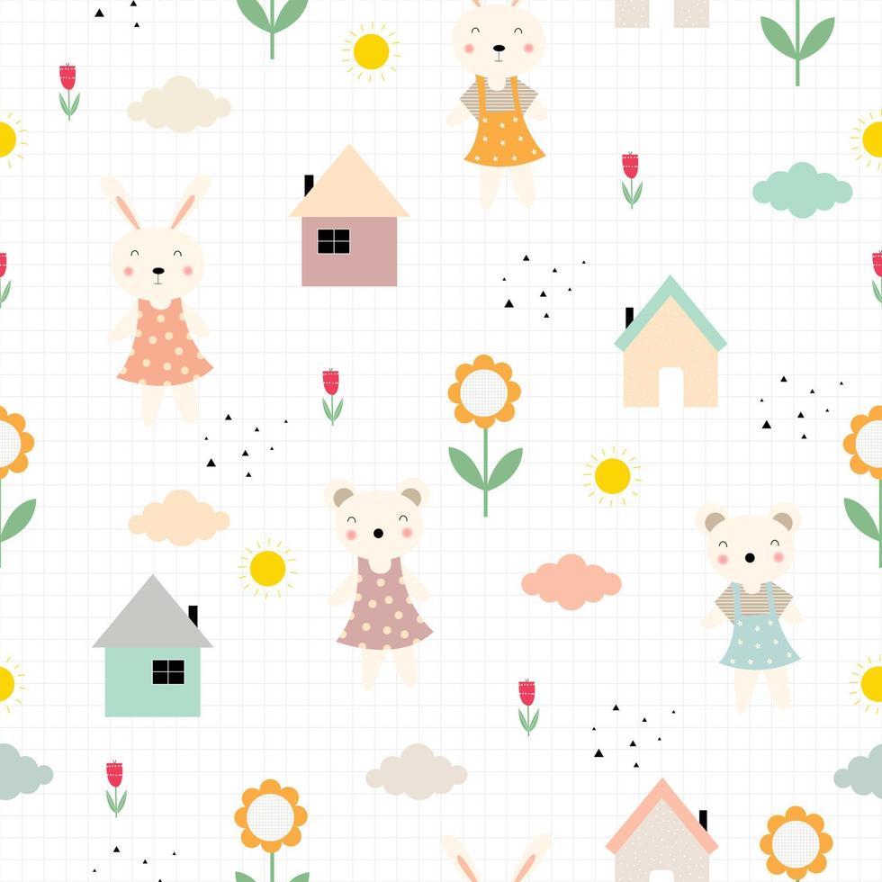 padrão sem costura o fundo tem personagens de desenhos animados bonitos, coelhos e ursos e uma pequena casa com flores e uma grade quadrada. design, usado para embrulho, têxtil, ilustração vetorial vetor