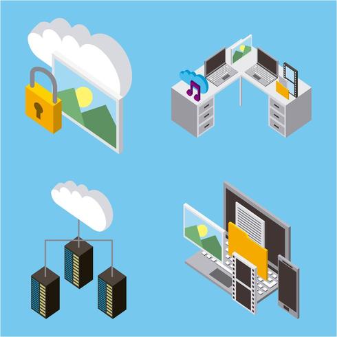 armazenamento isométrico de computação em nuvem e itens de escritório vetor