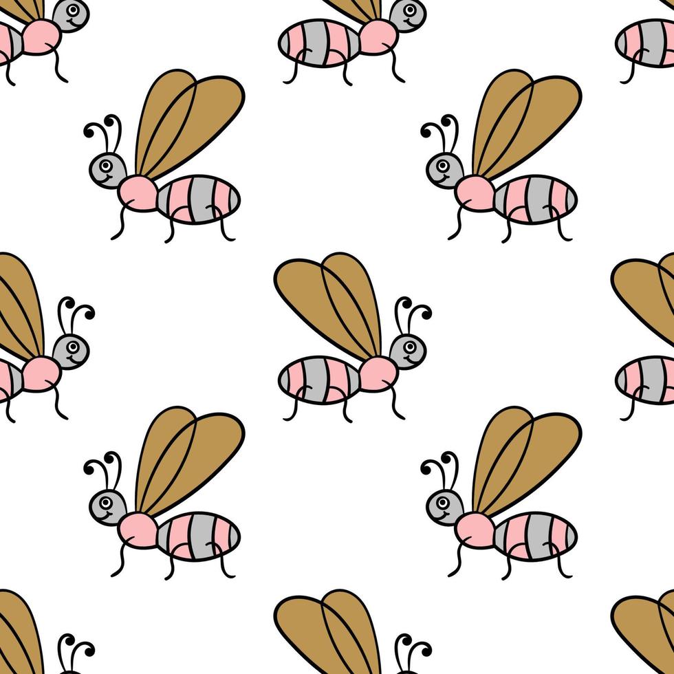 padrão sem emenda com mosquito linear doodle dos desenhos animados, voar. fundo de inseto infantil. vetor