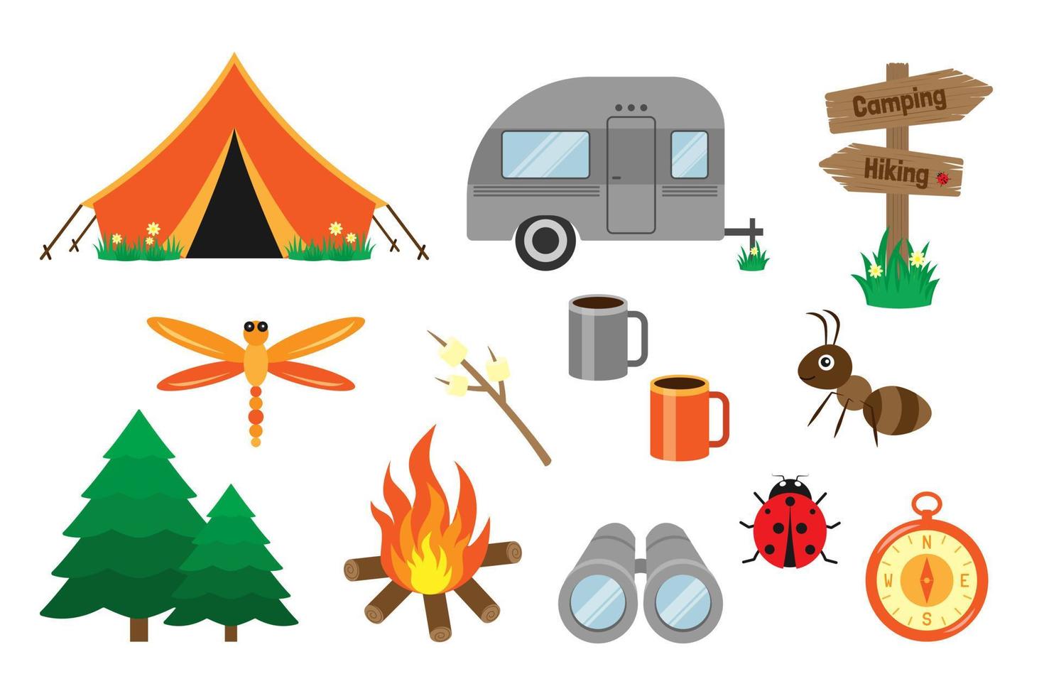 conjunto de elementos de camping e caminhadas. objetos vetoriais isolados no fundo branco. vetor