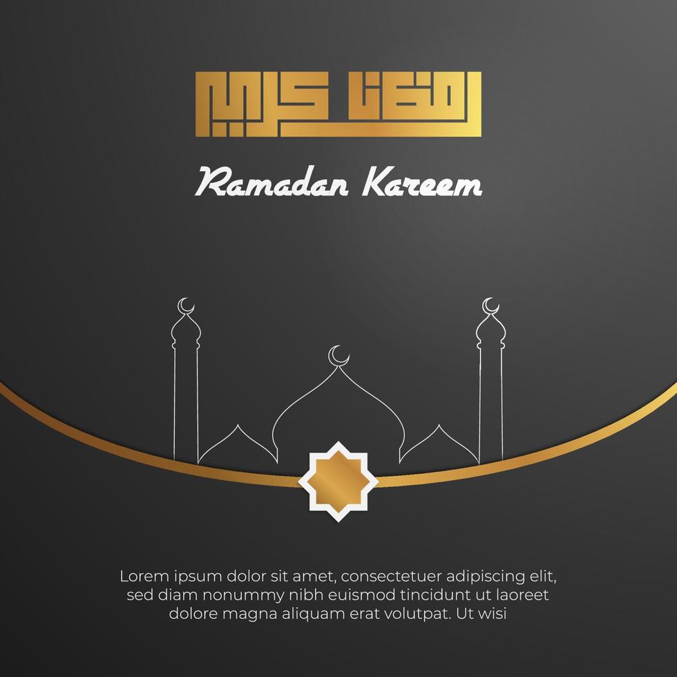 saudação do ramadã com caligrafia árabe do ramadã na mesquita estilo kufi estrela de 8 pontos e linha dourada vetor
