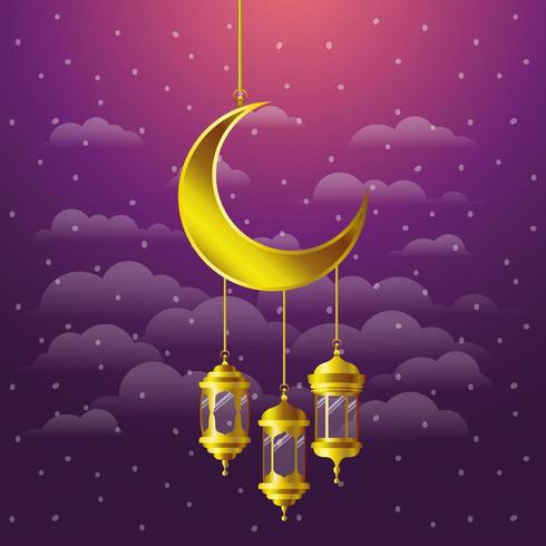 lanternas de ramadan kareem dourado e lua pendurada vetor