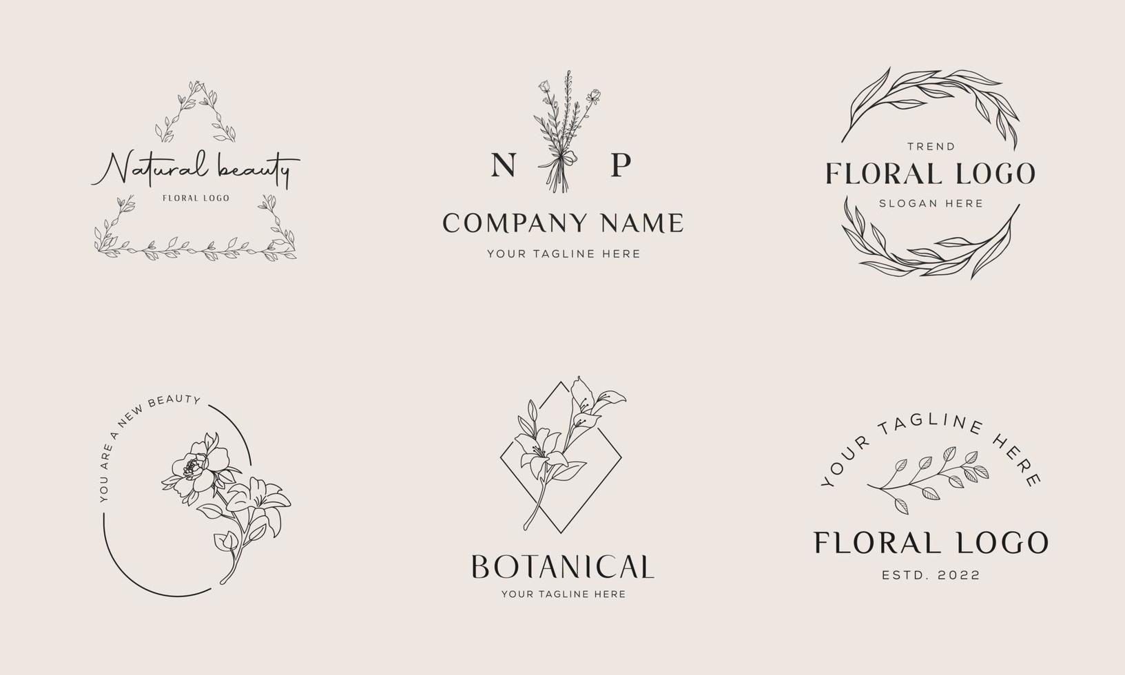 conjunto de logotipo desenhado à mão do elemento floral botânico com flores silvestres e folhas. logotipo para spa e salão de beleza, boutique, loja orgânica, casamento, designer floral, interior, fotografia, cosmético vetor