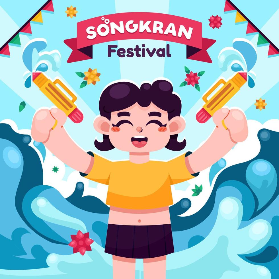 menina comemorando festival songkran feliz com salpicos de água vetor