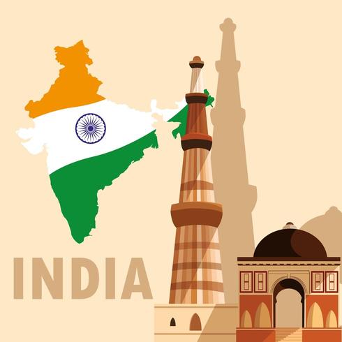 cartaz do dia da independência indiana com mapa bandeira e jama masjid vetor