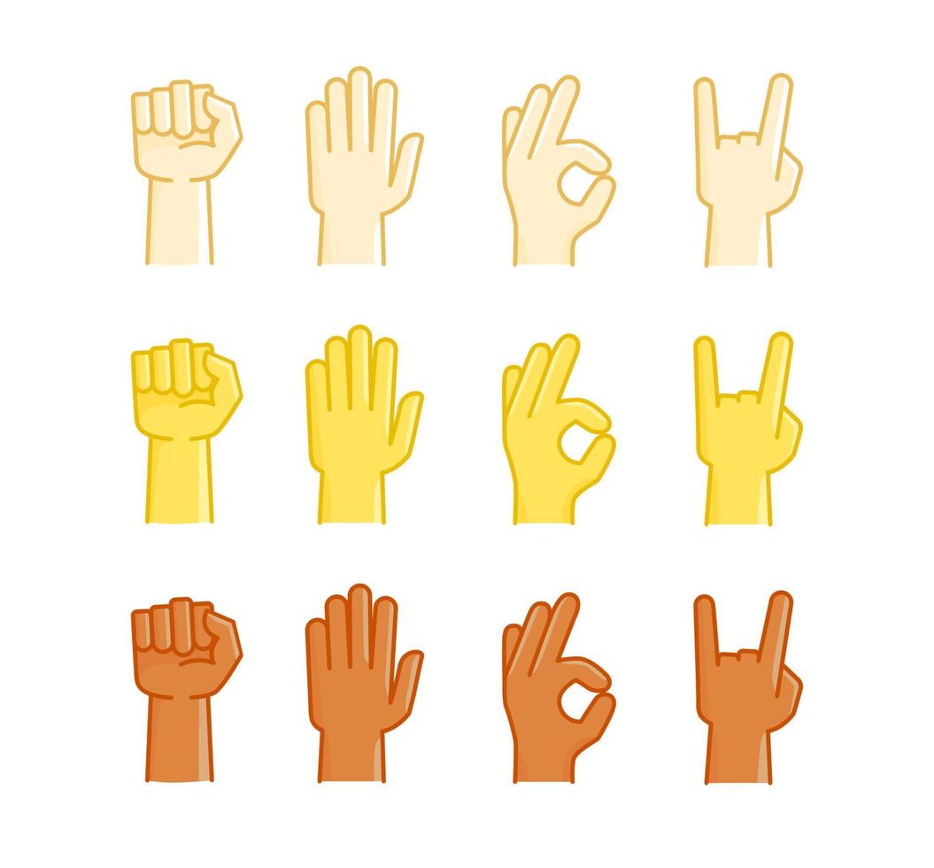 coleção de estilo cômico de gestos de mão de diferentes raças humanas. conjunto de vetores