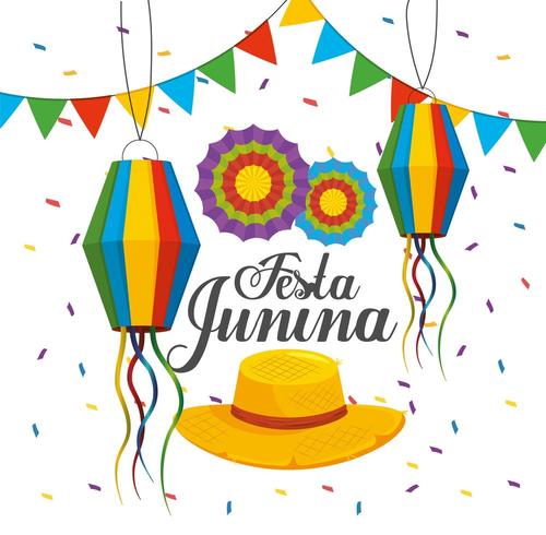 lanternas com banner e flores para festa junina vetor