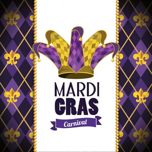 cartão com chapéu coringa e emblema para o evento mardi gras vetor
