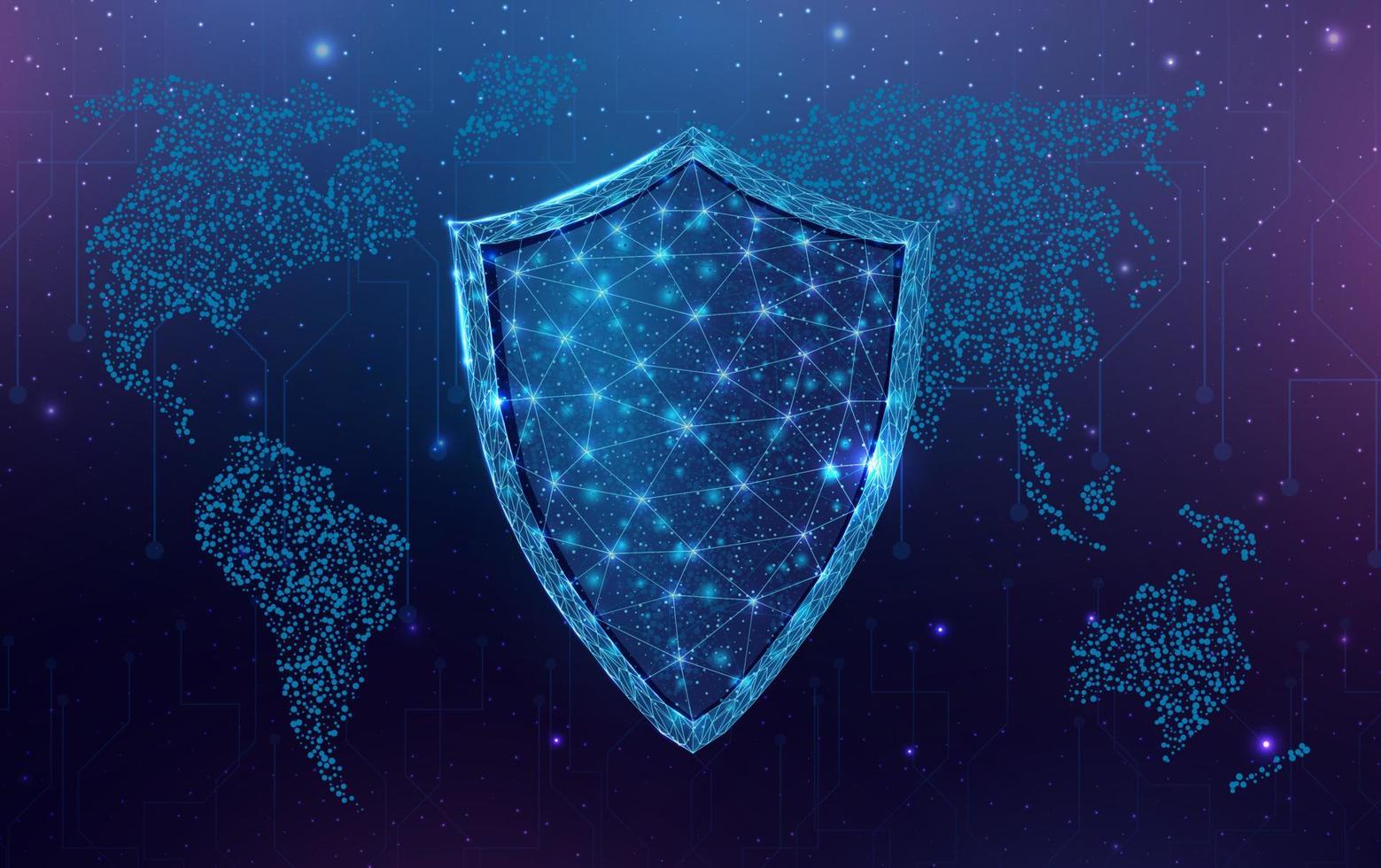 escudo poligonal de wireframe com mapa do globo. segurança cibernética, conceito de proteção mundial com guarda poli baixa brilhante. abstrato moderno futurista. ilustração vetorial. vetor
