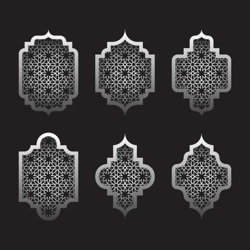 conjunto de janelas árabes. moldura islâmica com fundo padrão. vetor