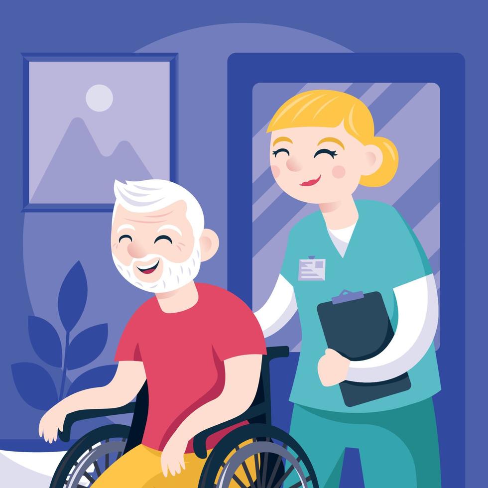 uma enfermeira empurrando o homem idoso em uma cadeira de rodas vetor