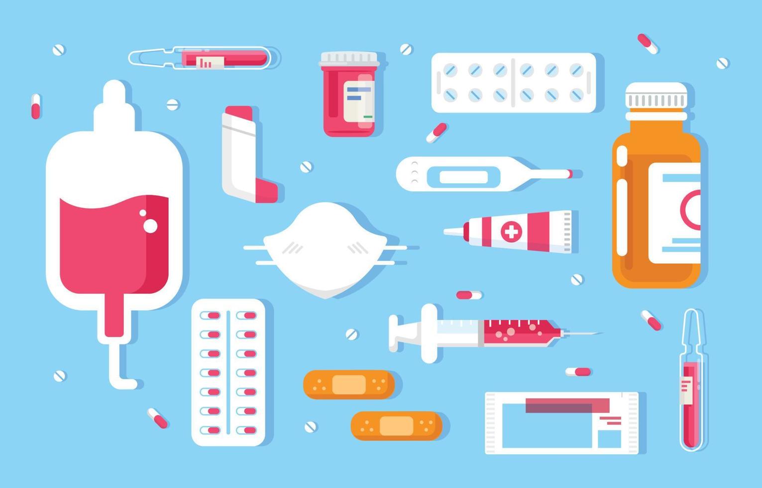 medicamentos planos modernos e conjunto de ferramentas médicas vetor