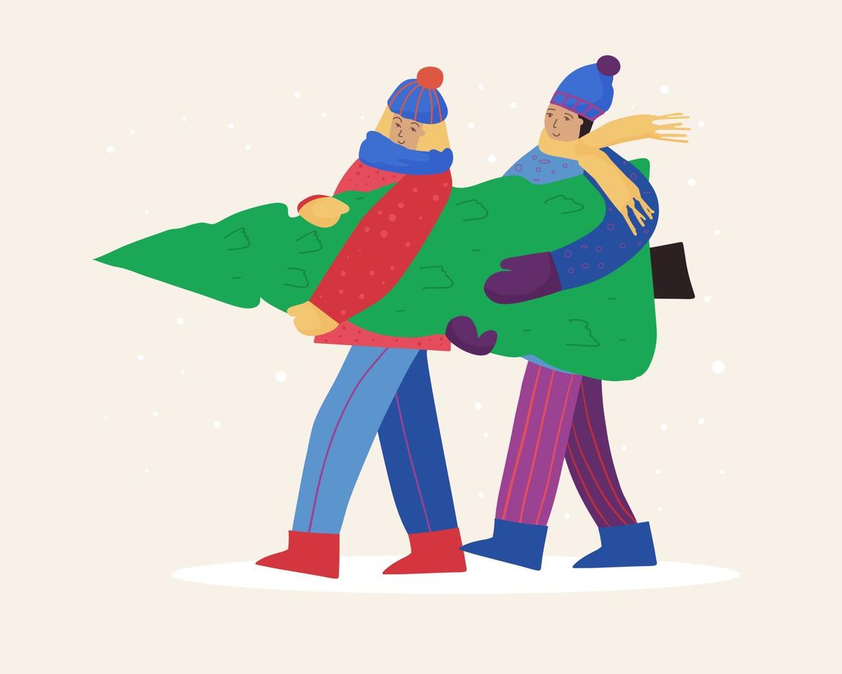pessoas felizes em roupas de inverno estão carregando a árvore do ano novo, se preparando para o feriado de natal vetor