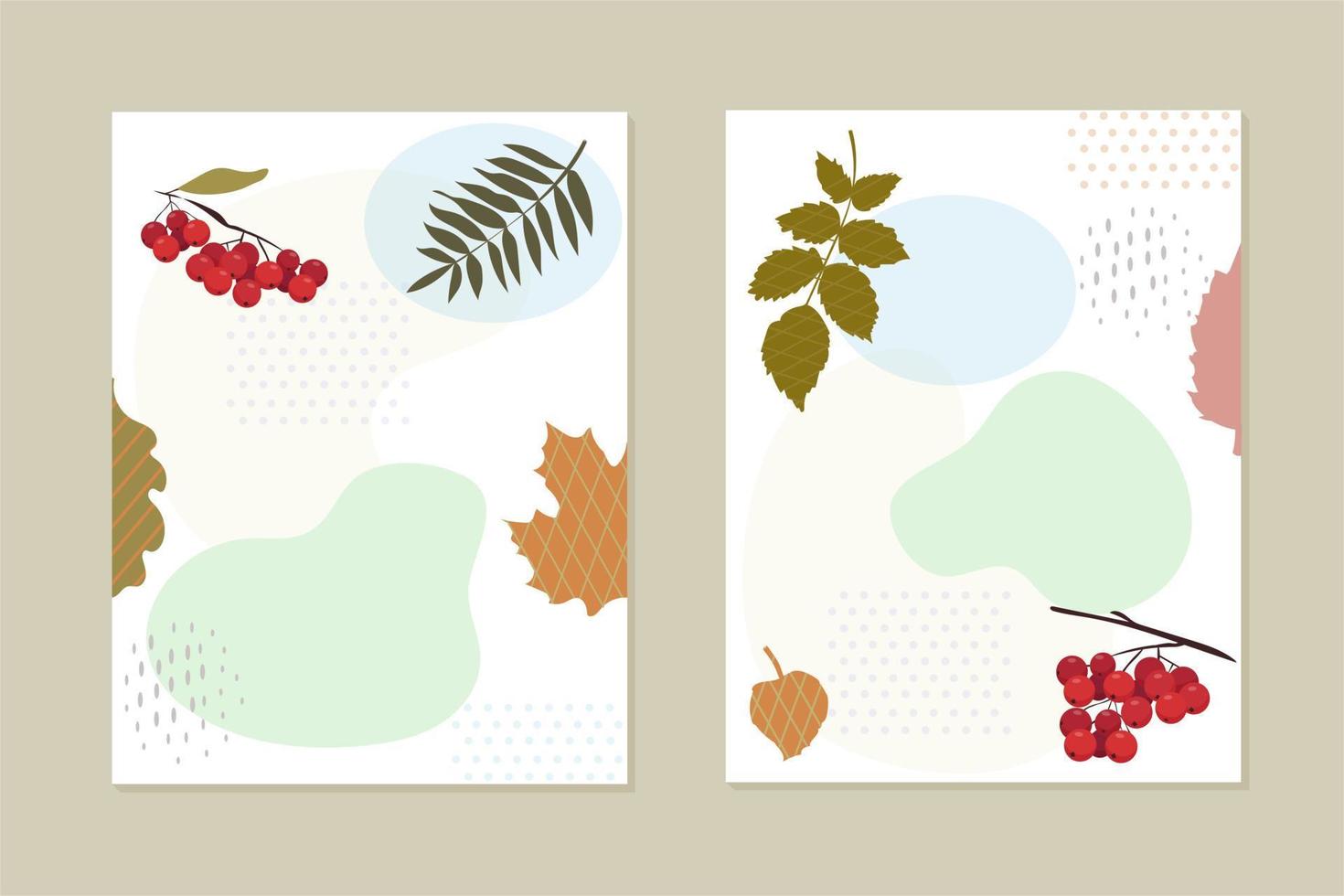 conjunto de cartões, convites. cachos de frutas vermelhas. folhas estilizadas de várias árvores. formas geométricas abstratas vetor
