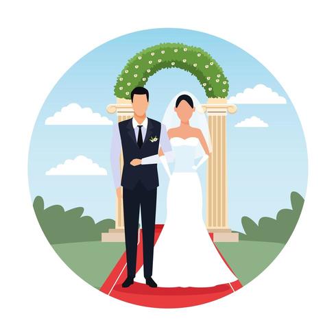 desenho de casal casamento na frente das colunas vetor
