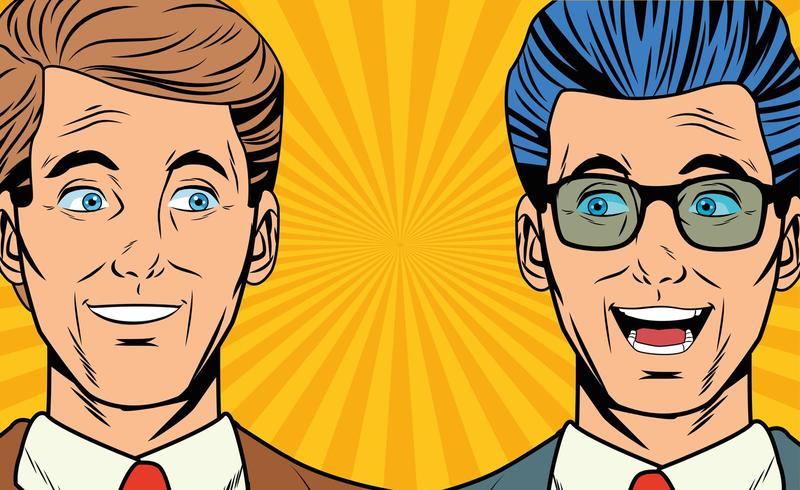 Pop art dois homens de negócios sorrindo rostos dos desenhos animados vetor