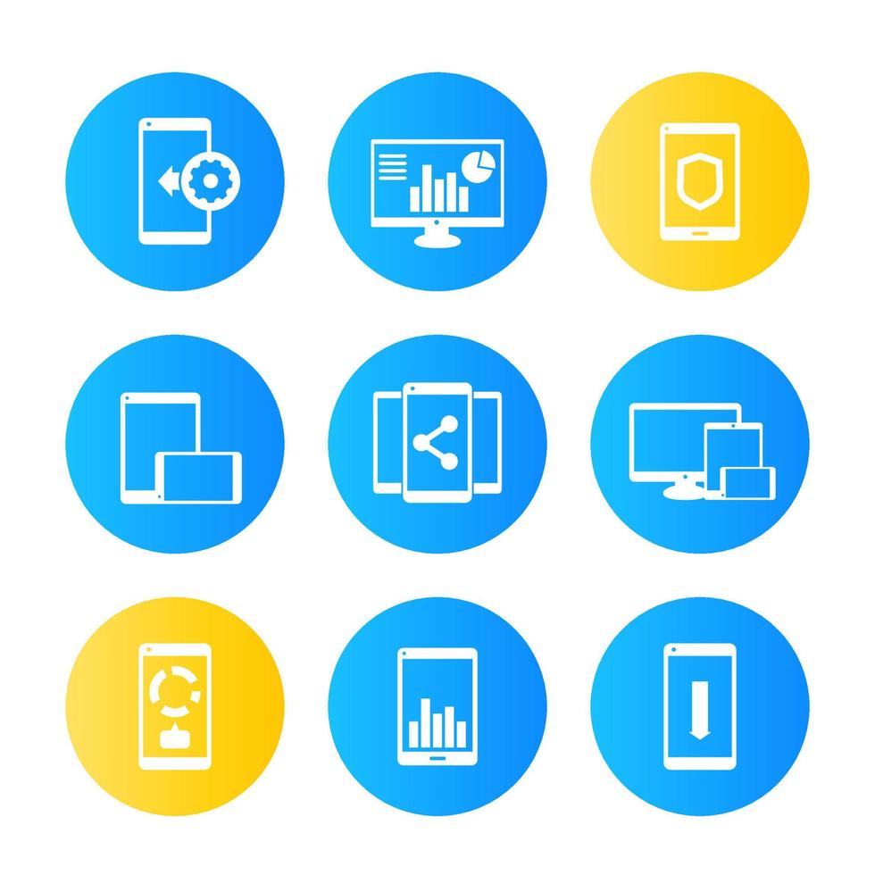 móvel, conjunto de ícones de aplicativos de desktop, pictogramas com smartphones e tablets vetor