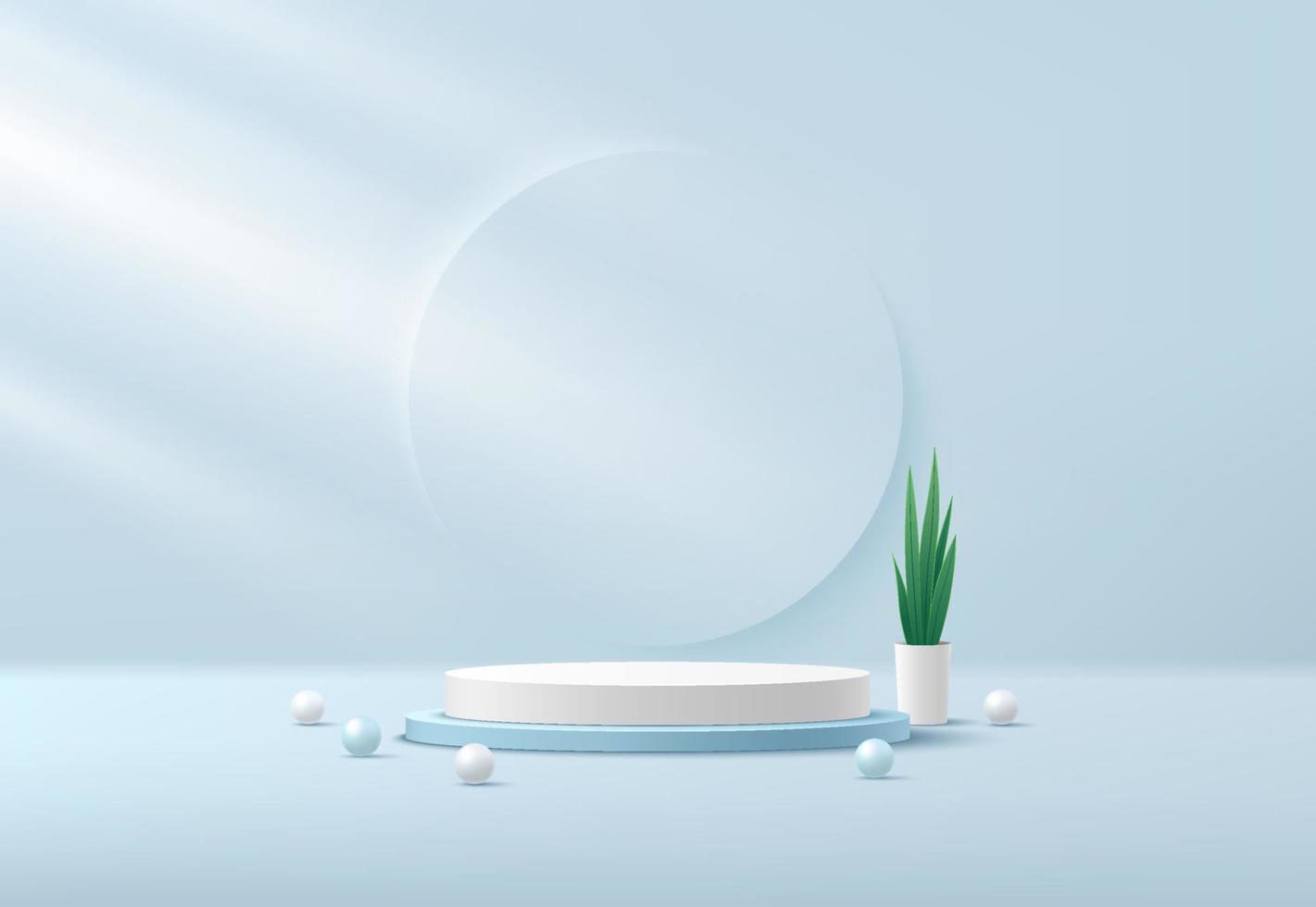 pódio de plataforma de cilindro branco e azul claro abstrato. iluminação da janela. bola esfera. vaso de plantas e folhas verdes. cena de parede mínima azul. renderização vetorial em forma 3d para apresentação de exibição do produto. vetor