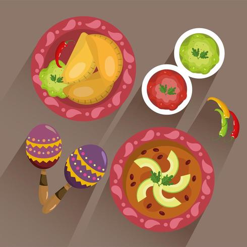 Conjunto de itens de comida tradicional mexicana vetor