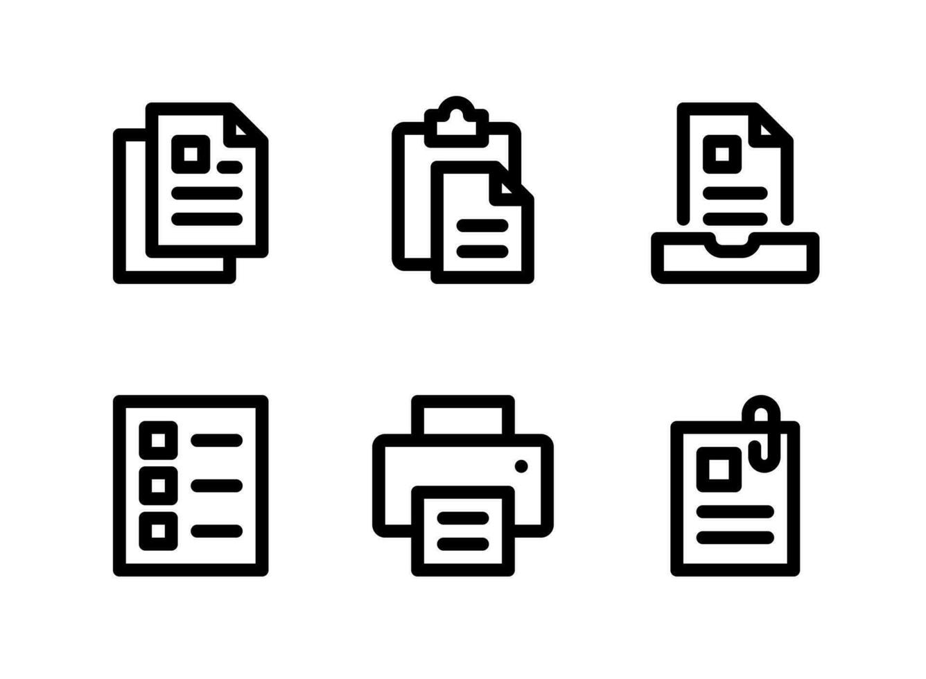 conjunto simples de ícones de linha de vetor relacionados a documentos. contém ícones como papéis, prancheta, impressora e muito mais.