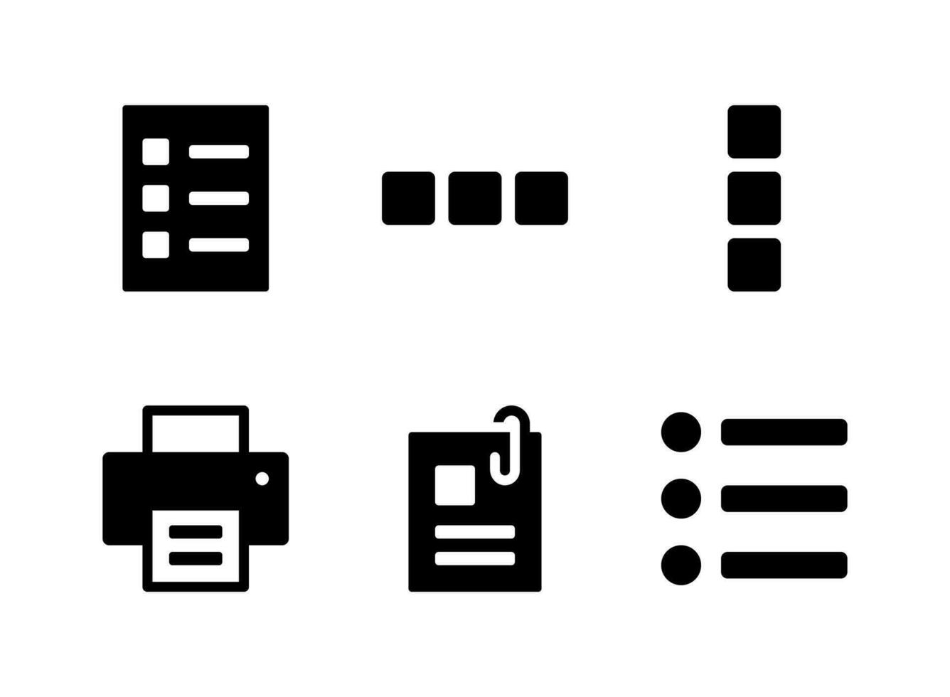 conjunto simples de ícones sólidos vetoriais relacionados à interface do usuário. contém ícones como lista, grade, impressora e muito mais. vetor